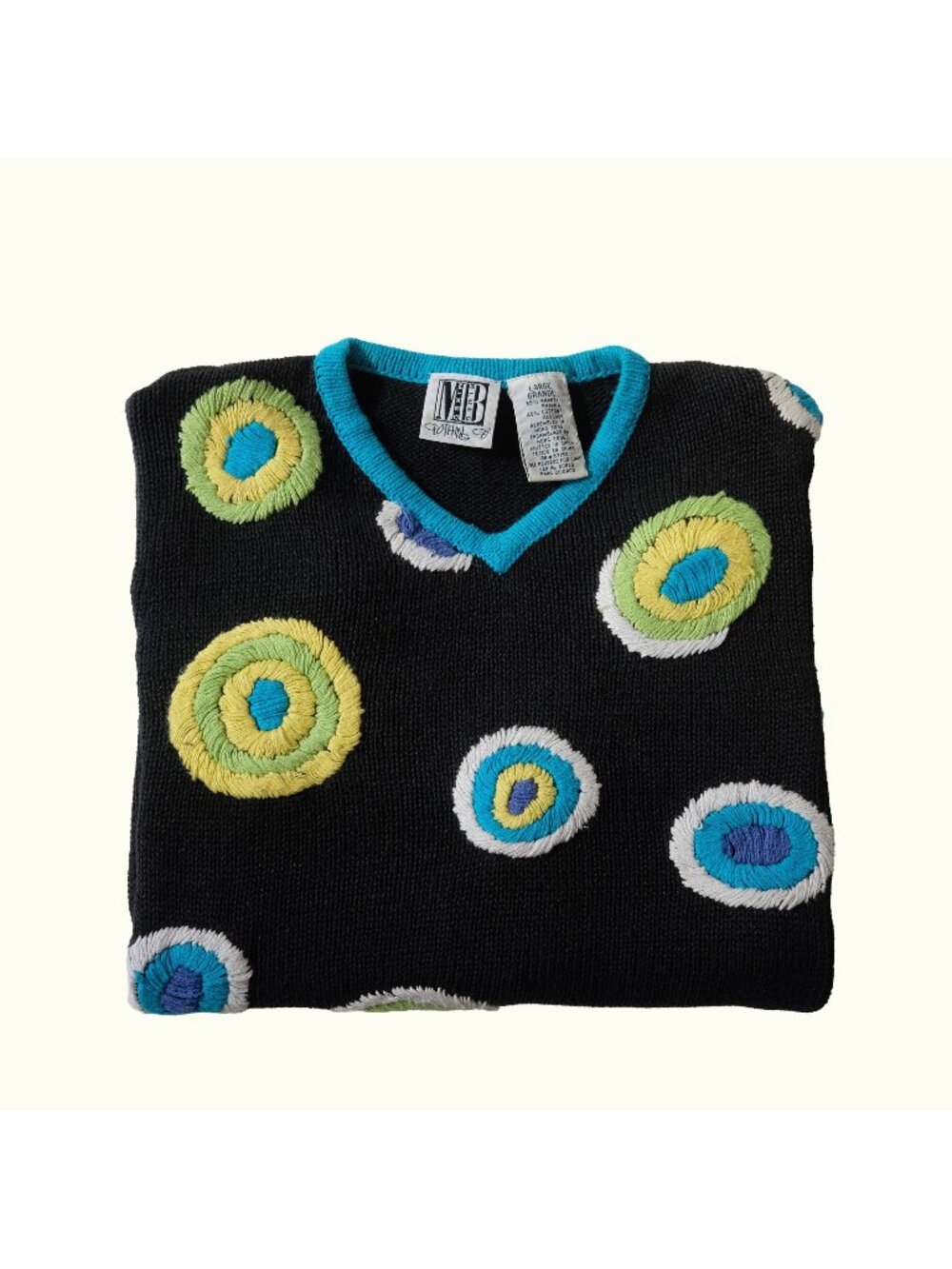 MIXED BLUES VTG 90S RETRO HONG KONG MADE GROOVY BLACK STITCHED GRAPHIC SWEATER L